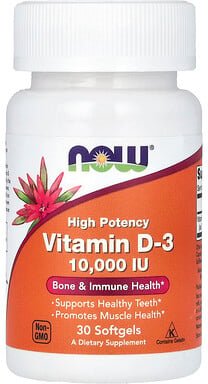 NOW Foods, Vitamin D-3, High Potency, hochwirksames Vitamin D3, 10.000 IU, 30 Weichkapseln
