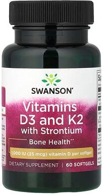Swanson, Vitamins D3 and K2 with Strontium, Vitamine D3 und K2 mit Strontium, 25 mcg (1.000 IU), 60 Weichkapseln