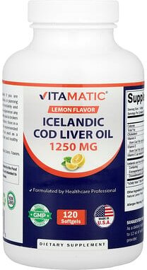 Thumbnail - Vitamatic, Icelandic Cod Liver Oil, Kabeljauleberöl aus Island, Zitrone, 120 Weichkapseln