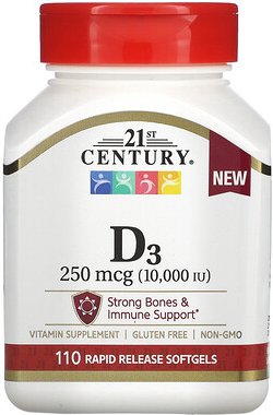 Thumbnail - 21st Century, Vitamin D3, 250 mcg (10.000 IU), 110 Weichkapseln mit schneller Freisetzung