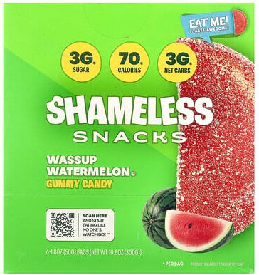 Shameless Snacks, Wassup Watermelon®, Gummy Candy, Fruchtgummis, 6 Beutel, je 50 g (1,8 oz.).