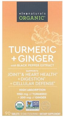 Viva Naturals, Organic, Turmeric + Ginger, Bio, Kurkuma + Ingwer, 90 Tabletten