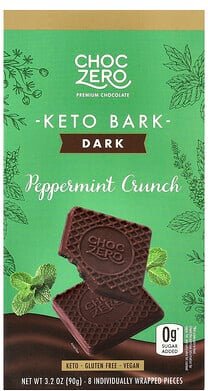 ChocZero, Keto Bark, Dark Chocolate, Keto Bark, dunkle Schokolade, Pfefferminz-Crunch, 8 Mini-Riegel, 90 g (3,2 oz.)