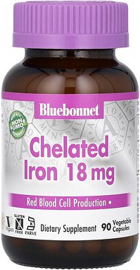 Bluebonnet Nutrition, Chelatiertes Eisen, 18 mg, 90 pflanzliche Kapseln