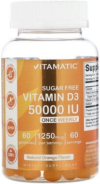 Vitamatic, Sugar Free Vitamin D3, zuckerfreies Vitamin D3, natürliche Orange, 50.000 IU, 60 Fruchtgummis