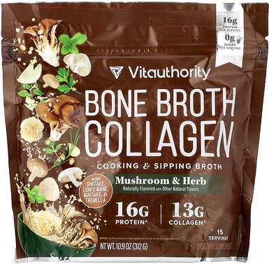 Vitauthority, Bone Broth Collagen, Bone Broth Collagen, Cooking & Sipping Broth, Pilze und Kräuter, 312 g (10,9 oz.)