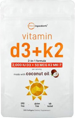 Micro Ingredients, Vitamin D3 + K2, 300 Weichkapseln