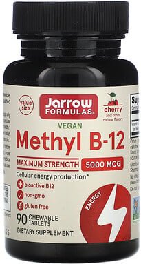 Jarrow Formulas, Vegan Methyl B-12, Maximum Strength, veganes Methyl B12, maximale Stärke, Kirsche, 5.000 mcg, 90 Kautab...