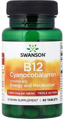 Swanson, Vitamin B12 Cyanocobalamin, Vitamin B12 Cyanocobalamin, Dreifachwirkung, 90 Tabletten