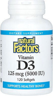 Natural Factors, Vitamin D3, 125 mcg (5.000 IU), 120 Weichkapseln