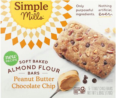 Simple Mills, Weiche gebackene Mandelmehlriegel, Erdnussbutter-Schokoladenstückchen, 5 Riegel, je 34 g (1,19 oz.)
