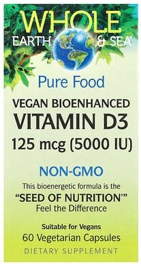 Natural Factors, Whole Earth & Sea, Veganes Bio-Vitamin D3, 5.000 IU, 60 vegetarische Kapseln