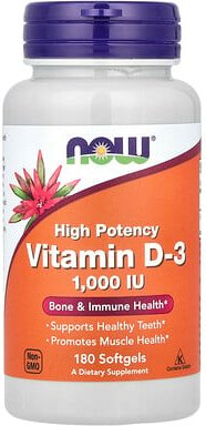 NOW Foods, Vitamin D-3, High Potency, hochwirksames Vitamin D3, 1.000 IE, 180 Weichkapseln