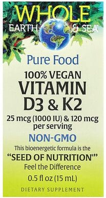 Natural Factors, Whole Earth Sea®, 100% Vegan Vitamin D3 & K2, 100% veganes Vitamin D3 und K2, 15 ml (0,5 fl. oz.)