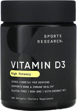 Sports Research, Vitamin D3, High Potency, hochwirksames Vitamin D3, 25 mcg (1.000 IU), 360 Weichkapseln