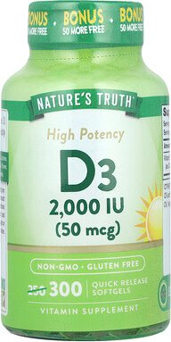 Nature's Truth, Vitamin D3, hohe Potenz, 50 mcg (2.000 IU), 300 Weichkapseln mit schneller Freisetzung
