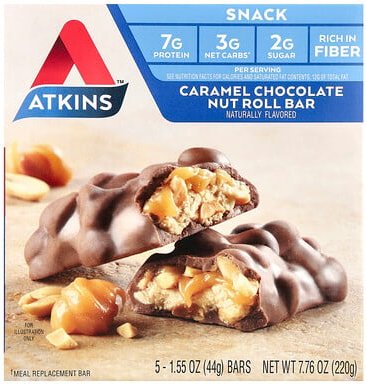 Atkins, Caramel Chocolate Nut Roll Bar, Karamell-Schokolade-Nuss-Riegel, 5 Riegel, 44 g (1,55 oz.) pro Riegel