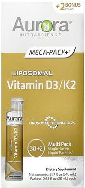 Aurora Nutrascience, Liposomal Vitamin D3/K2, liposomales Vitamin D3/K2, 32 Päckchen, je 20 ml (0,68 fl. oz.).