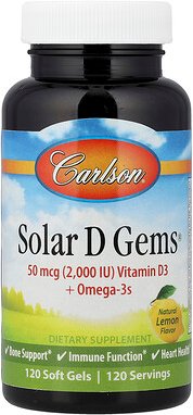 Carlson, Solar D Gems®, Vitamin D3 + Omega-3s, natürliche Zitrone, 120 Weichkapseln