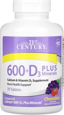 Thumbnail - 21st Century, 600 + D3 Plus Minerals, Fruchtpunsch, 75 Kautabletten