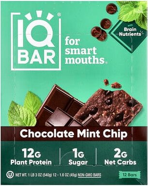 IQBAR, Plant Protein Bars, pflanzliche Proteinriegel, Schokolade-Minze-Chip, 12 Riegel, je 45 g (1,6 oz.).