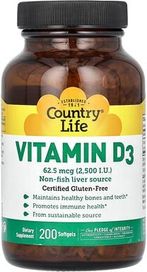 Country Life, Vitamin D3, 62,5 mcg (2.500 IU), 200 Weichkapseln