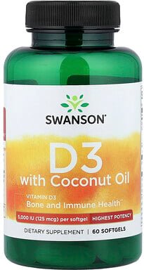 Thumbnail - Swanson, Vitamin D3 with Coconut Oil, Vitamin D3 mit Kokosnussöl, höchste Wirksamkeit, 60 Weichkapseln