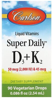 Carlson, Super Daily® Vitamin D3 + K2, 50 mcg (2.000 IU) und 45 mcg, 2,54 ml (0,086 fl. oz.)