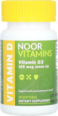 Noor Vitamins, Vitamin D3, 125 mcg (5.000 IU), 60 Weichkapseln