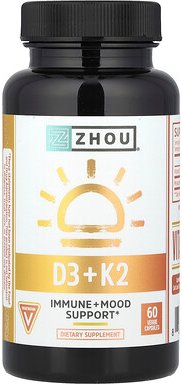 Zhou Nutrition, D3 + K2, Nahrungsergänzungsmittel mit Vitamin D3 und K2, 60 pflanzliche Kapseln