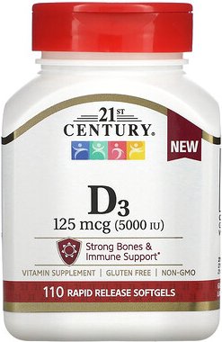 21st Century, Vitamin D3, 125 mcg (5.000 IU), 110 Weichkapseln mit schneller Freisetzung