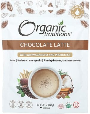 Organic Traditions, Chocolate Latte mit Ashwagandha und Probiotika, 150 g (5,3 oz.)