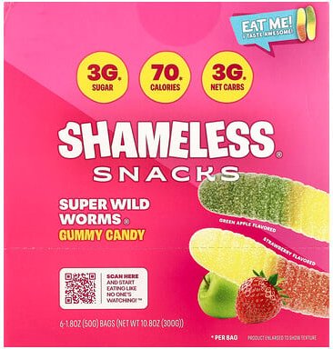 Shameless Snacks, Super Wild Worms® Gummy Candy, Fruchtgummis, grüner Apfel und Erdbeere, 6 Beutel, je 50 g (1,8 oz.).