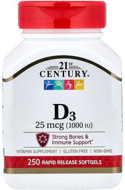 21st Century, Vitamin D3, 25 mcg (1.000 IU), 250 Weichkapseln mit schneller Freisetzung