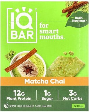 IQBAR, Pflanzenproteinriegel, Matcha Chai, 12 Riegel, je 45 g (1,6 oz.)