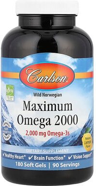 Carlson, Wild Norwegian, Maximum Omega 2000, Omega-3-Fischöl, natürlicher Zitronengeschmack, 2.000 mg, 180 Weichkapseln ...