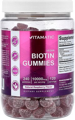 Thumbnail - Vitamatic, Vegan Biotin Gummies, vegane Biotin-Fruchtgummis, natürliche Himbeere, 240 Fruchtgummis
