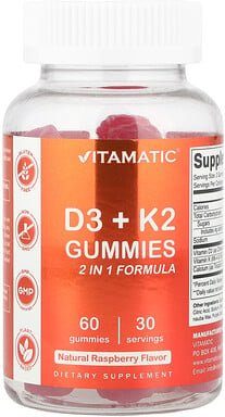 Thumbnail - Vitamatic, D3 + K2 Gummies, D3 + K2-Fruchtgummis, natürliche Himbeere, 60 Fruchtgummis