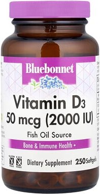 Bluebonnet Nutrition, Vitamin D3, 50 mcg, (2.000 IU), 250 Weichkapseln