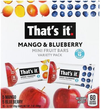 Thumbnail - That's It, Mini-Fruchtriegel, Sortenpackung, Mango und Heidelbeere, 10 Riegel, je 20 g (0,7 oz.)