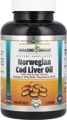 Amazing Nutrition, Norwegisches Kabeljau-Leberöl, Zitrone, 1.250 mg, 120 Weichkapseln