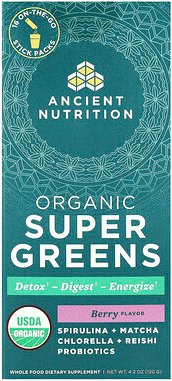 Thumbnail - Ancient Nutrition, Organic Super Greens, Bio-Supergemüse, Beere, 16 Sticks für unterwegs, je 7,5 g (0,3 oz.).
