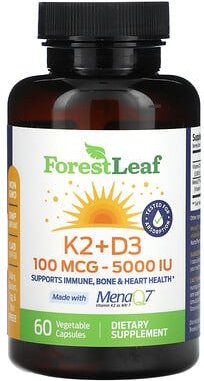 Forest Leaf, K2 + D3, 100 mcg (5.000 IU), 60 pflanzliche Kapseln