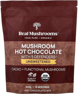 Real Mushrooms, Mushroom Hot Chocolate with 5 Defenders®, heiße Schokolade mit Pilzen und 5 Defenders®, ungesüßt, 240 g