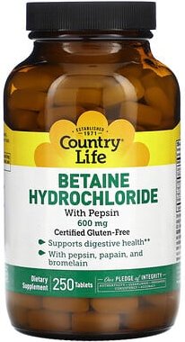 Country Life, Betain-Hydrochlorid mit Pepsin, 600 mg, 250 Tabletten