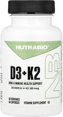 NutraBio, D3 + K2, 60 Kapseln