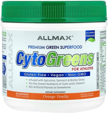 ALLMAX, CytoGreens®, Premium Green Superfood For Athletes, grünes Premium-Superfood für Sportler, Orange-Vanille, 315 g ...