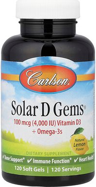 Carlson, Solar D Gems®, Vitamin D3 + Omega-3s, natürliche Zitrone, 120 Weichkapseln