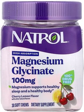 Natrol, Magnesium Glycinate, hohe Absorption, Kirsch-Zitrone, 100 mg, 30 Kau-Snacks