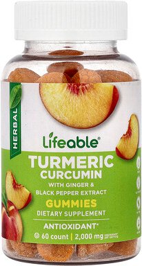 Lifeable, Turmeric Curcumin Gummies, Kurkuma-Curcumin-Fruchtgummis, Pfirsich, 60 Fruchtgummis